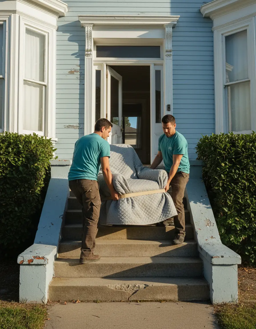 Two movers carrying a blanket-wrapped armchair up the front steps of a house on a sunny morning
