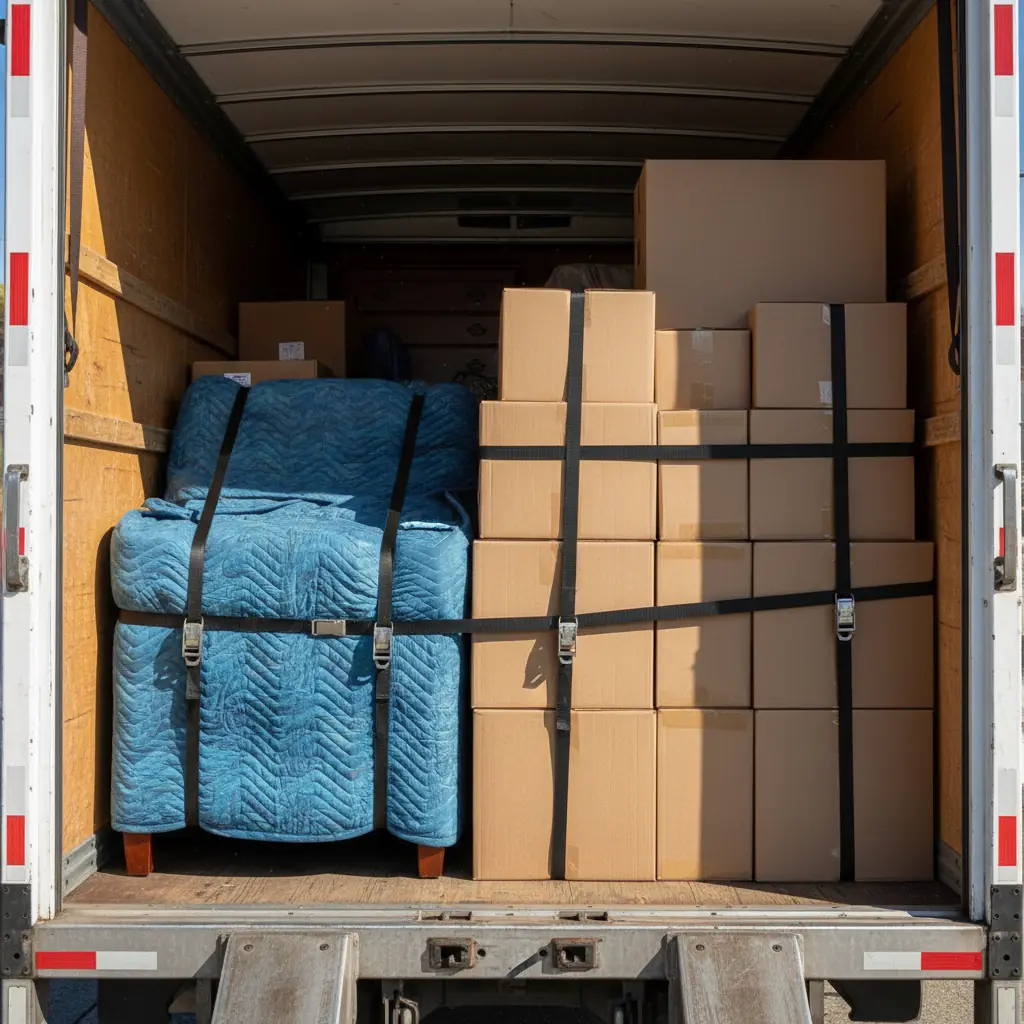 Blanket-wrapped furniture and boxes strapped neatly inside a moving truck
