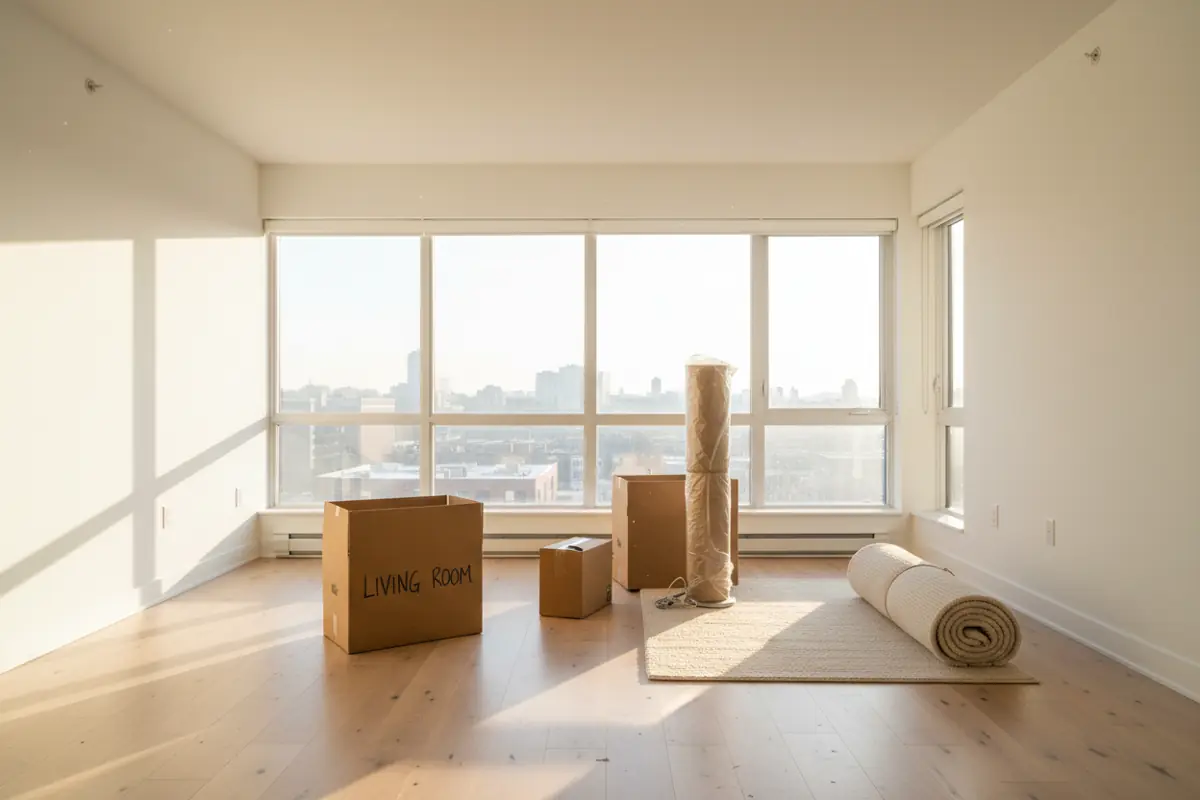 Boxes waiting in a sunlit new living room