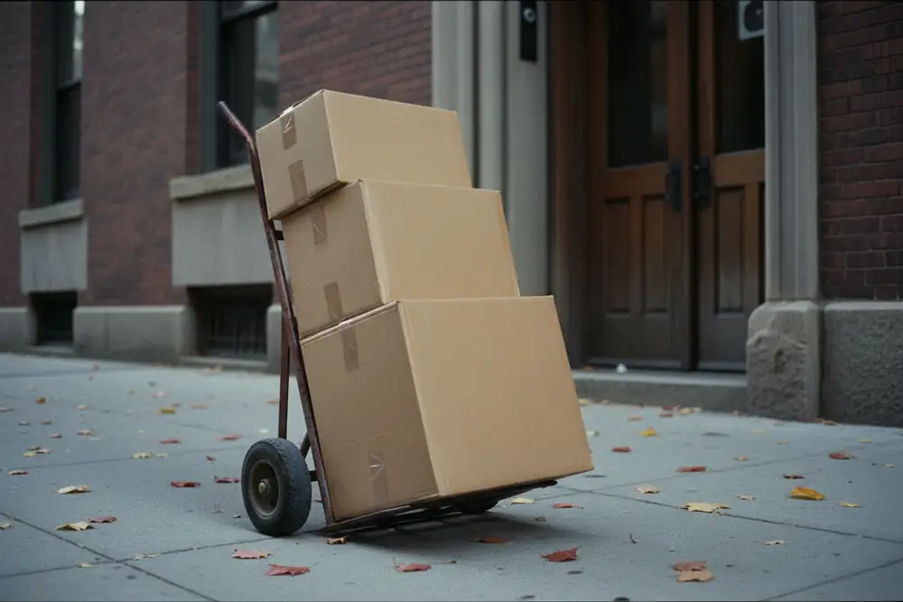 A hand truck loaded with boxes outside a brick building