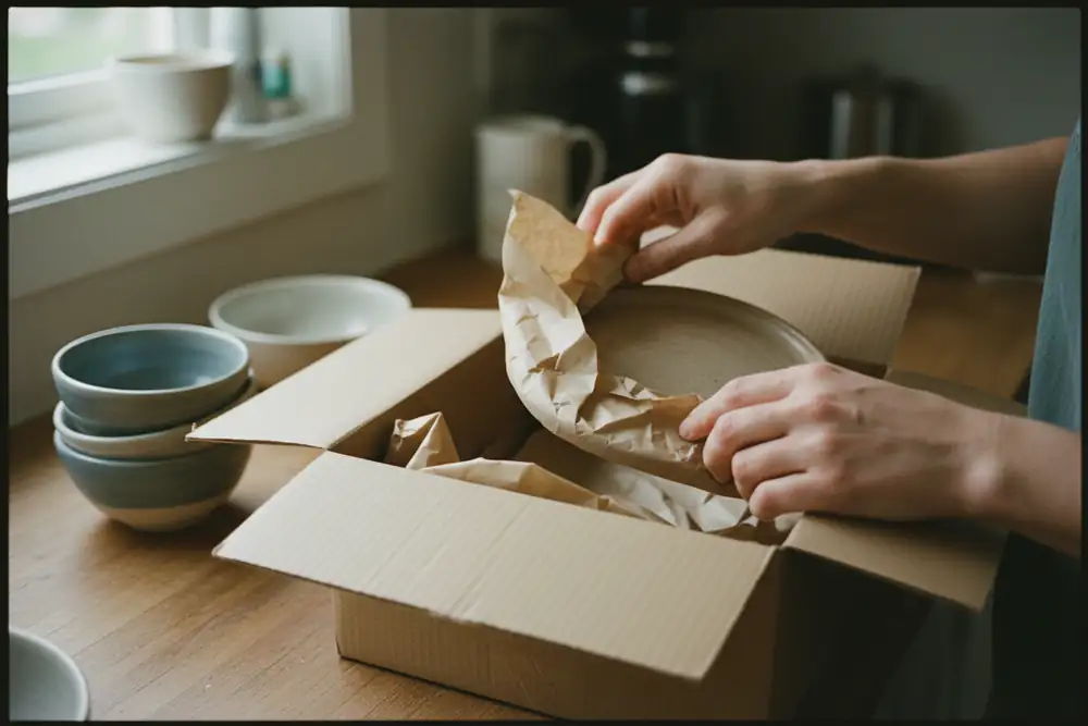 Moving boxes set neatly in a bright kitchen