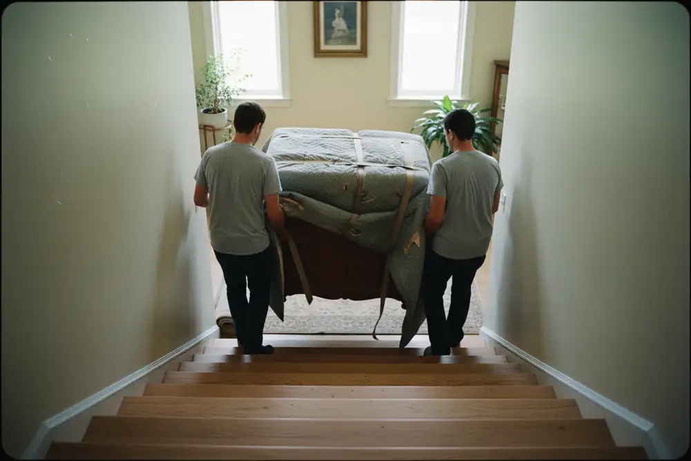 Two movers carrying a wrapped dresser down a staircase