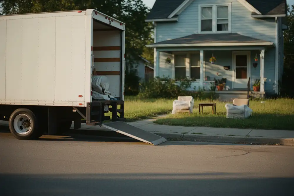 A white box truck with its ramp down outside a small house