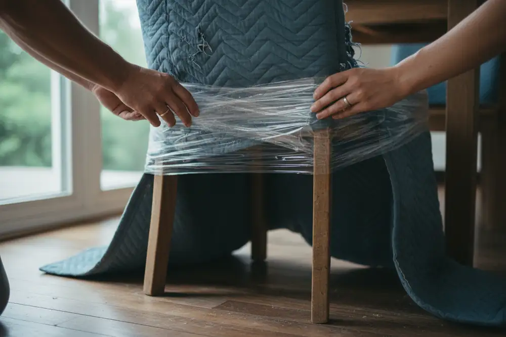 Hands wrapping a chair in a moving blanket