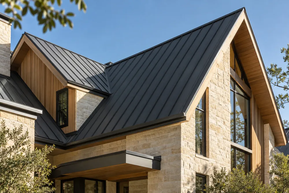 Architectural concept of a charcoal metal roof and pale stone house