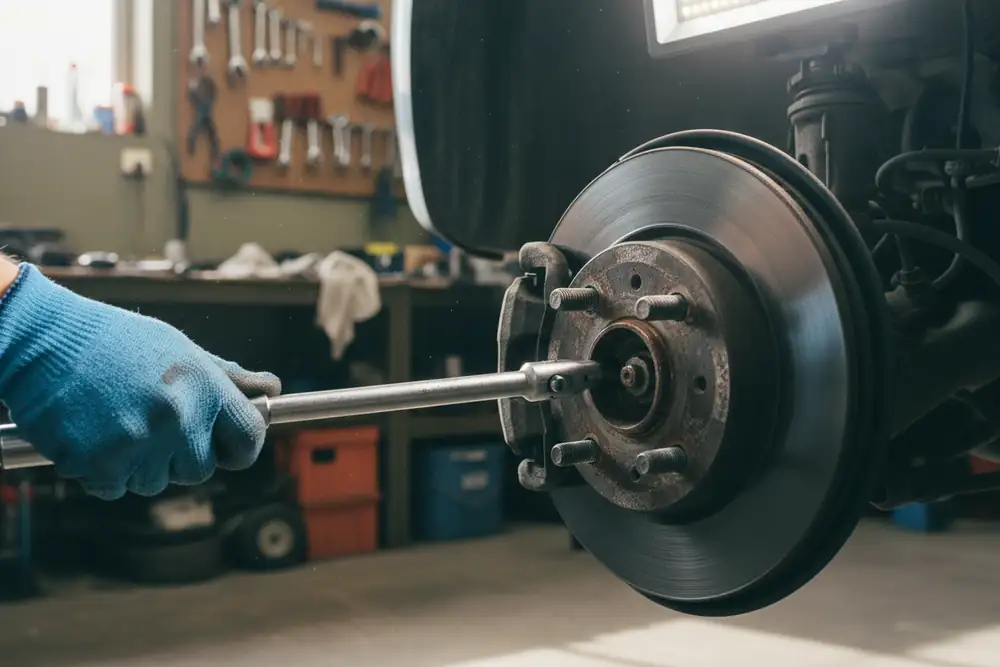 A close inspection of a car brake assembly