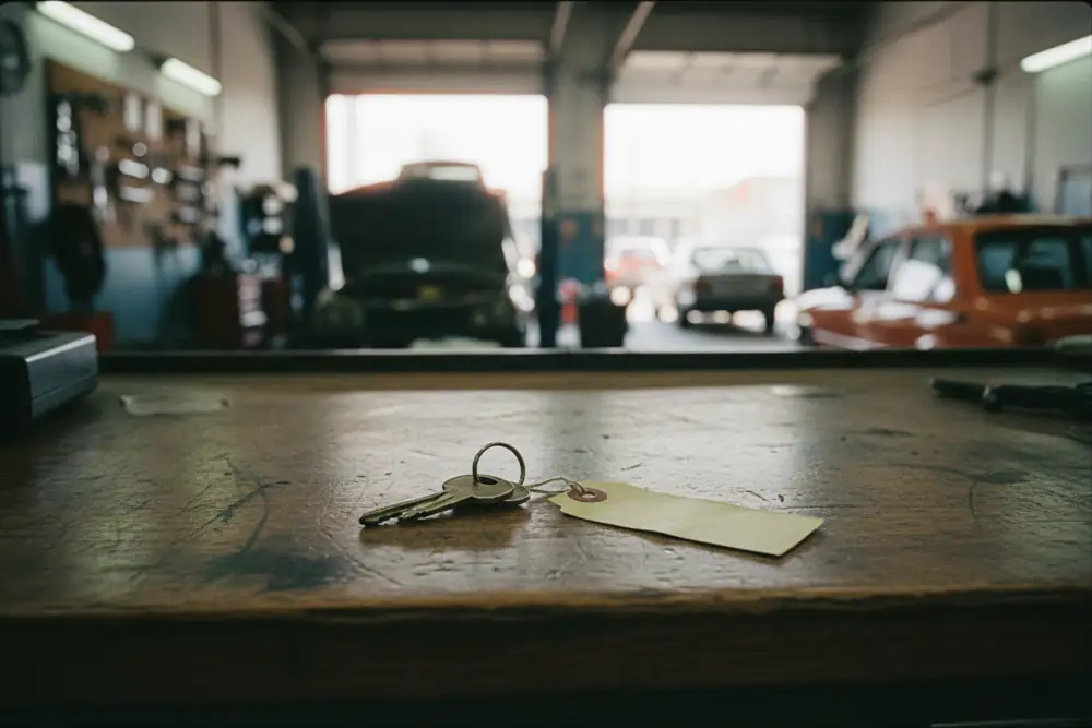 Car keys and a paper work tag on a workshop counter