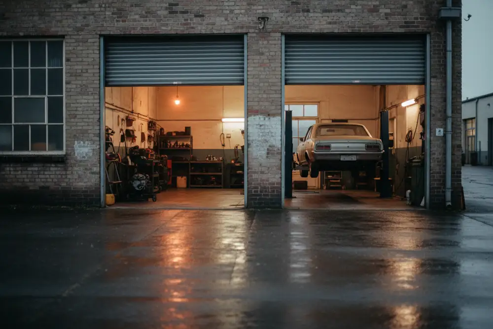 A quiet repair workshop with its doors open at dusk