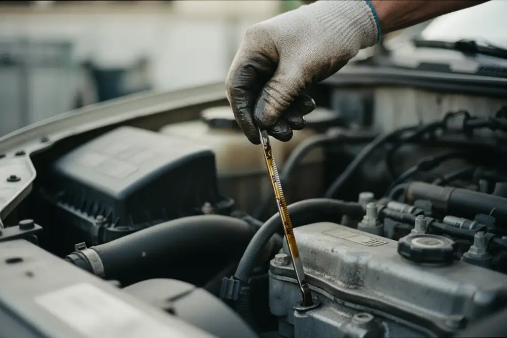 A mechanic inspecting an engine with a work light