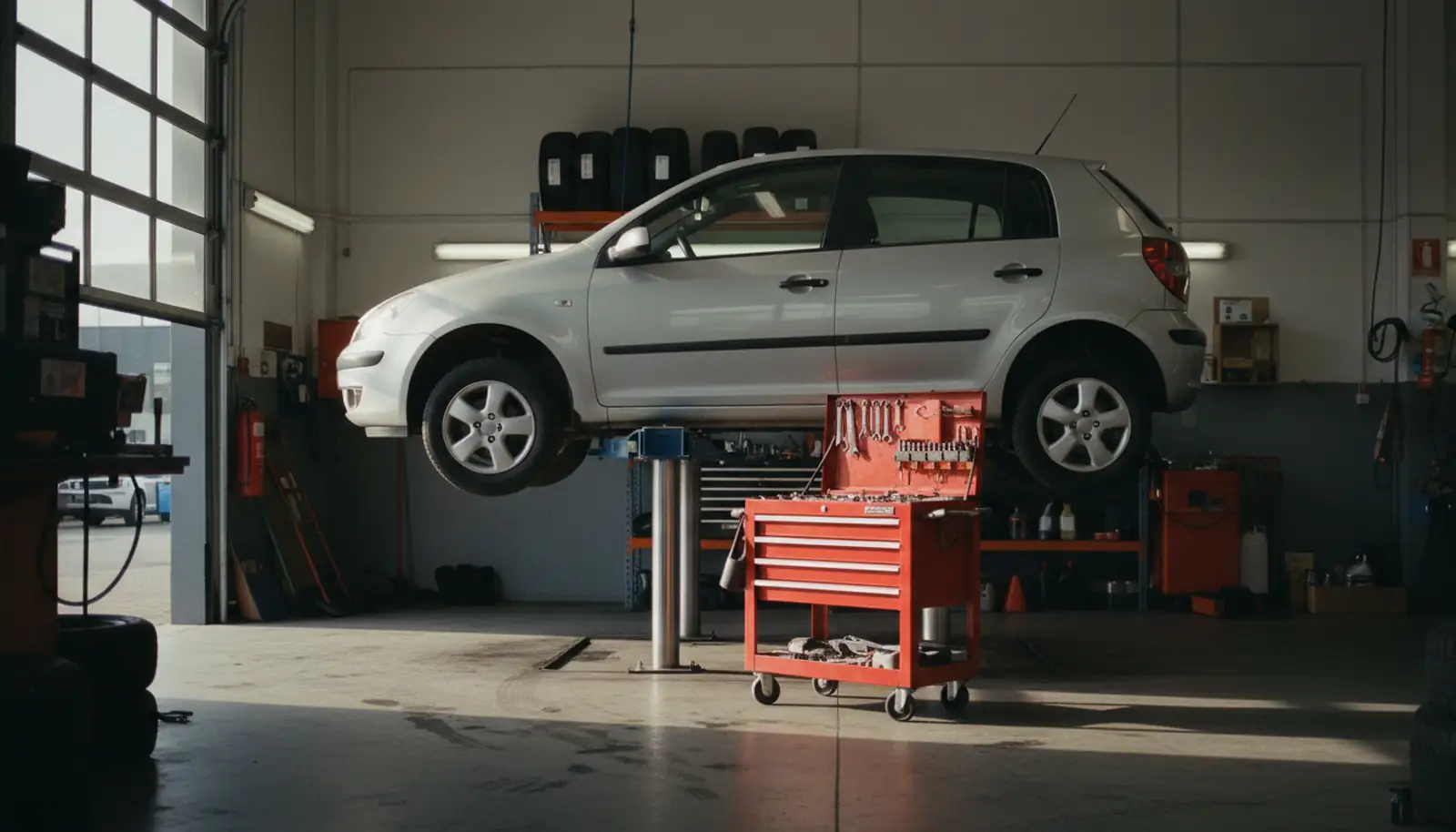 A hatchback raised on a lift in a tidy workshop with a red tool chest