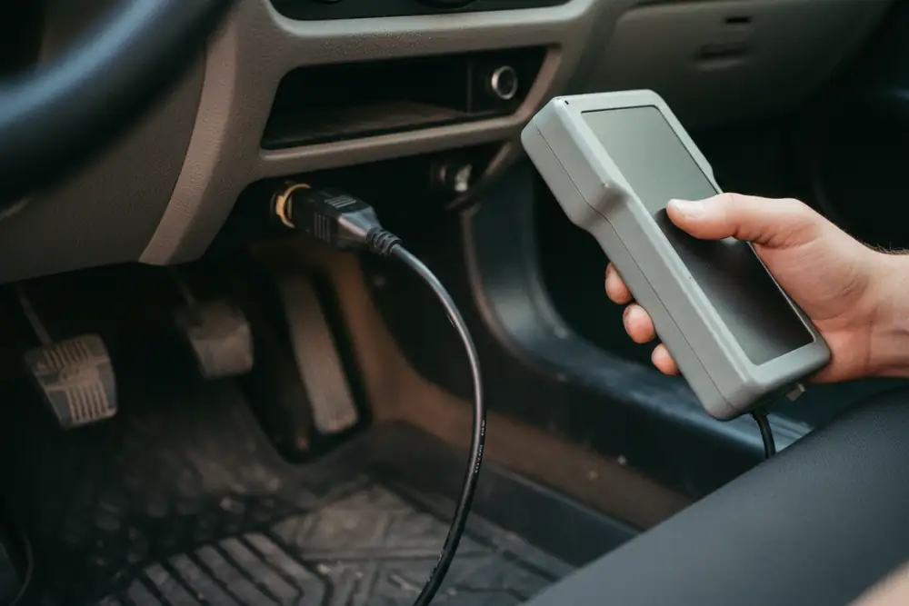 A diagnostic cable plugged in under a dashboard
