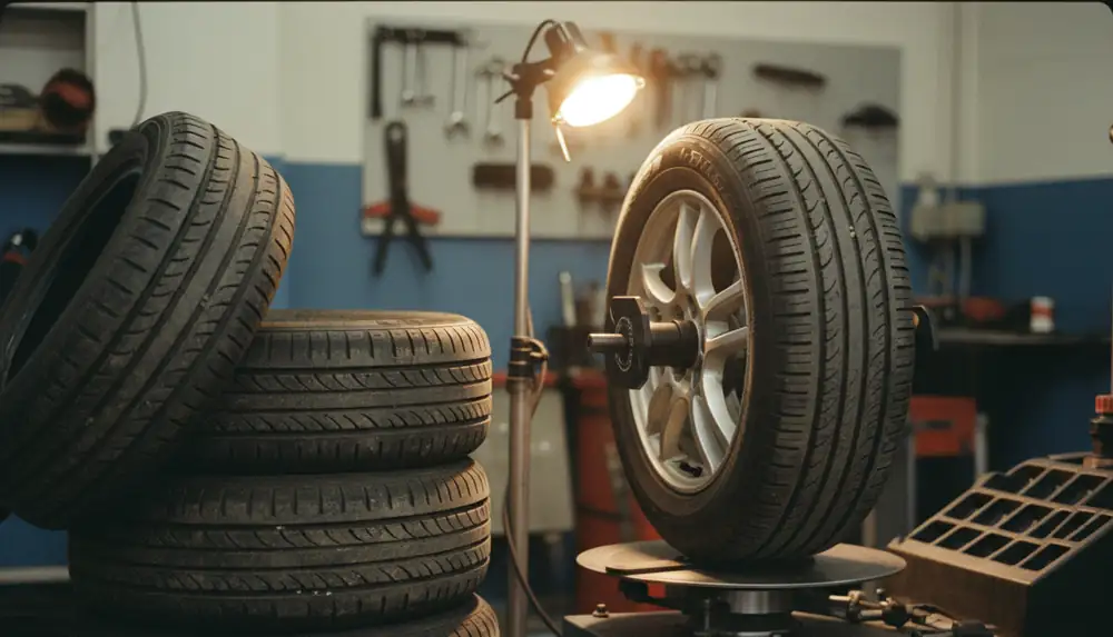 A stack of tires beside a wheel balancer