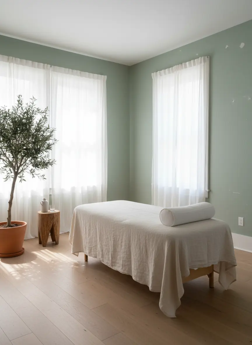 A bright treatment room with sage walls, linen curtains and a treatment table