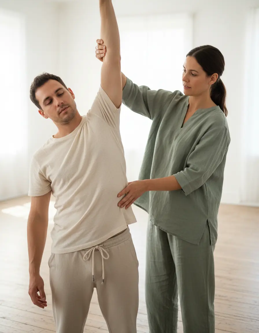 A practitioner gently guiding a patient's raised arm in a bright studio