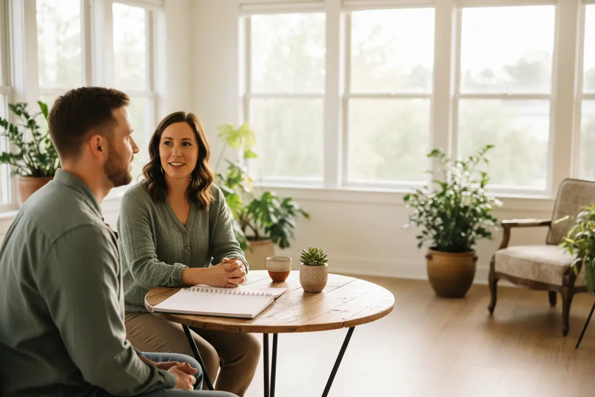 A practitioner and a patient talking at a small table in a bright room
