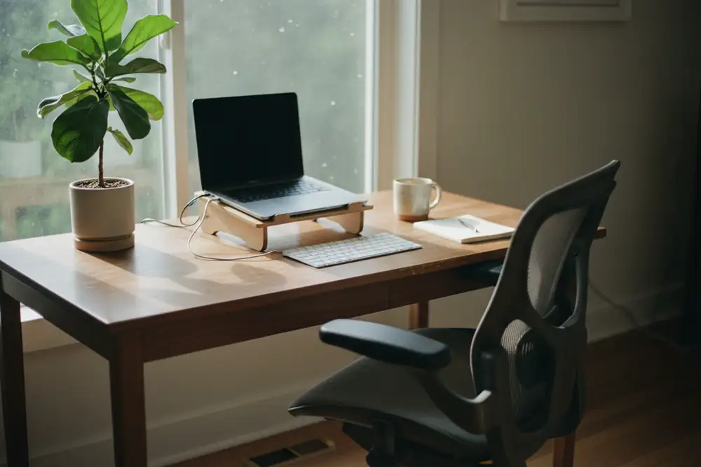 A notebook and pen on a desk in a calm clinic