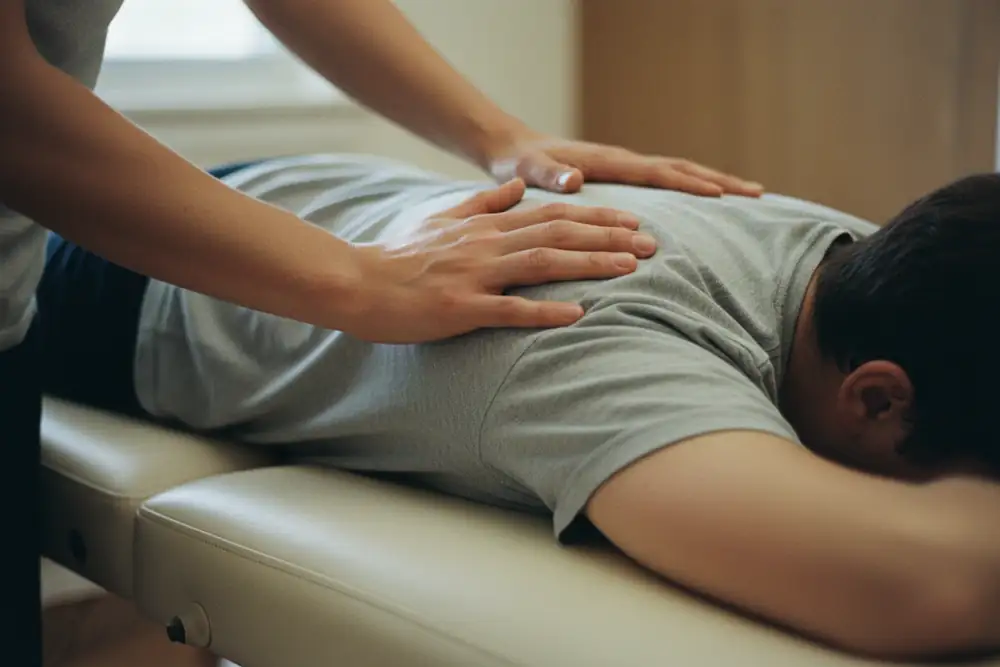 A practitioner's hands resting on a person's upper back during an appointment