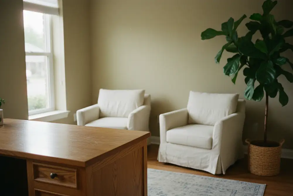 A quiet reception room with soft daylight and a plant