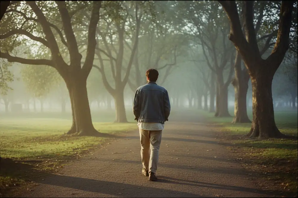 A person walking along a misty tree-lined path in the morning