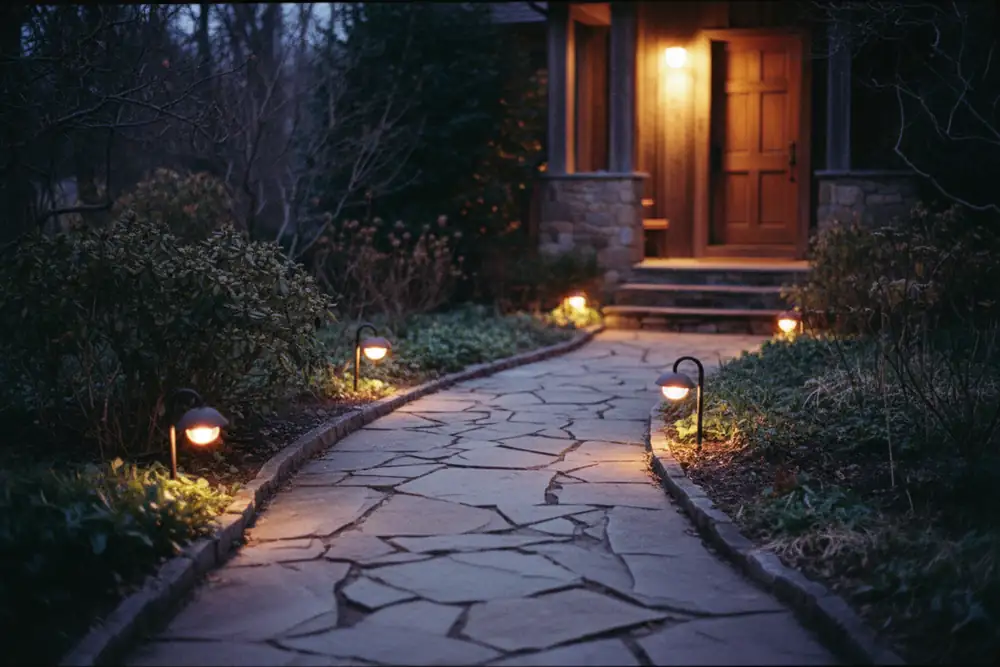 Low path lights along a stone walkway to a porch at dusk