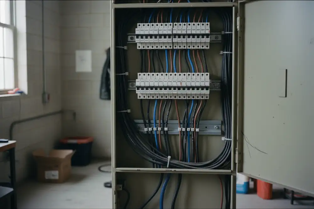 An electrician checking an open residential breaker panel