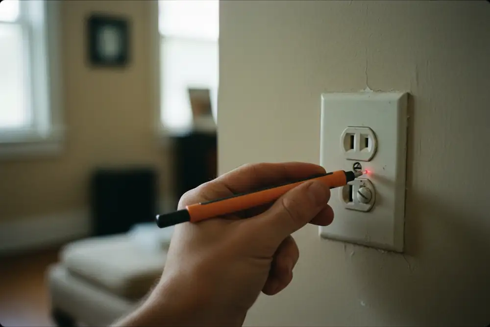 An electrician using a handheld tester on a safely isolated fitting