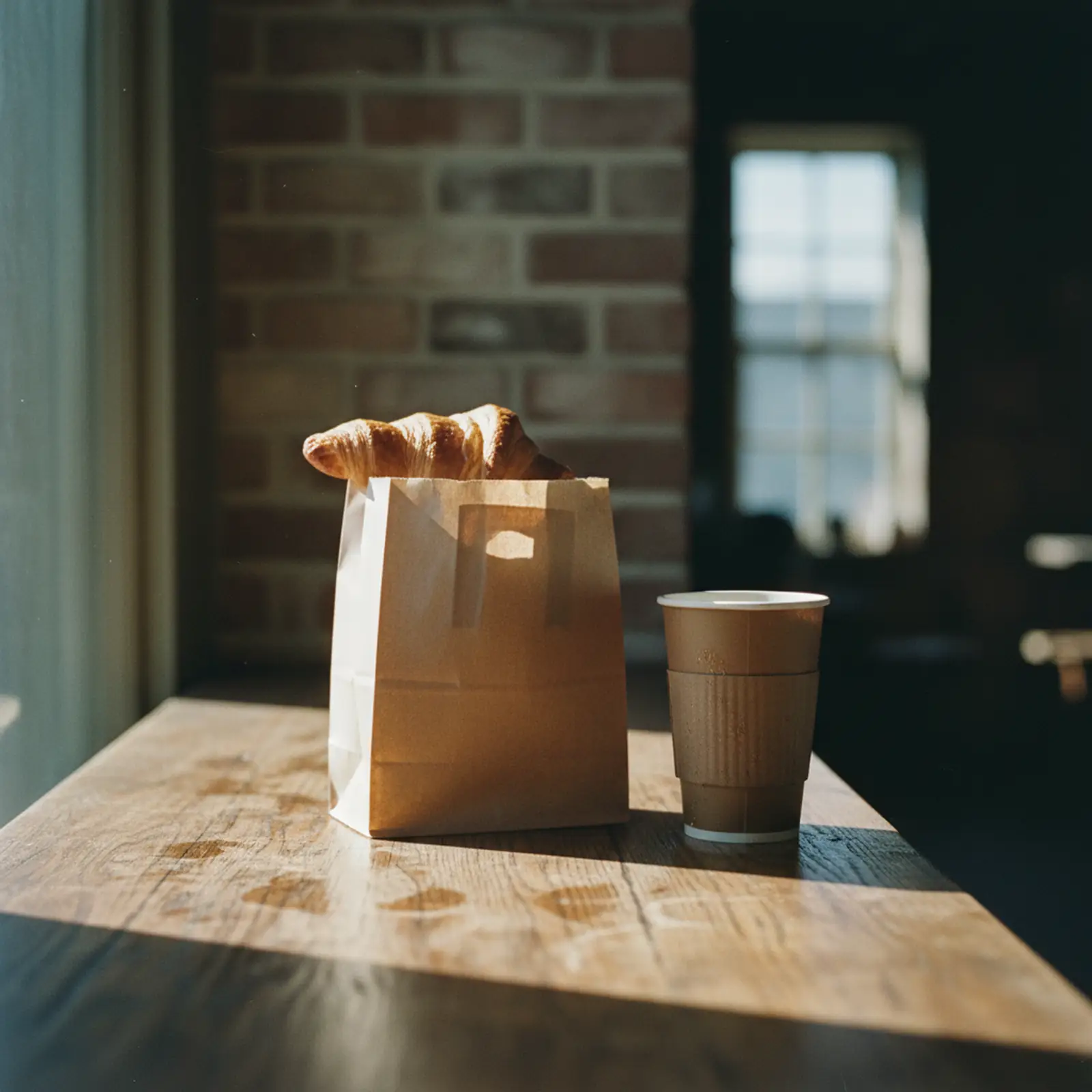 A kraft bakery bag beside two takeaway coffees