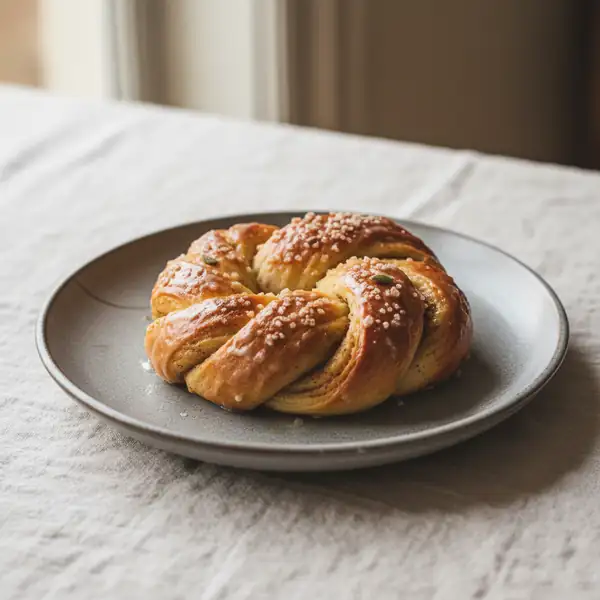 A glazed cardamom knot, photographed on a plate