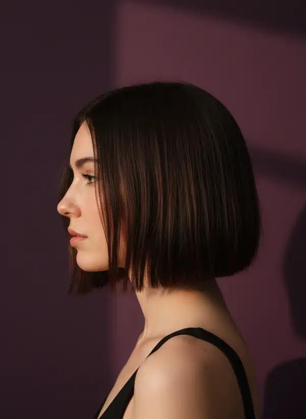 A clean dark bob cut, photographed in profile