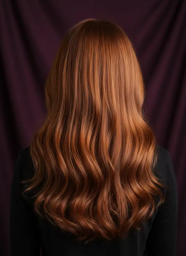 Long auburn waves, photographed from behind