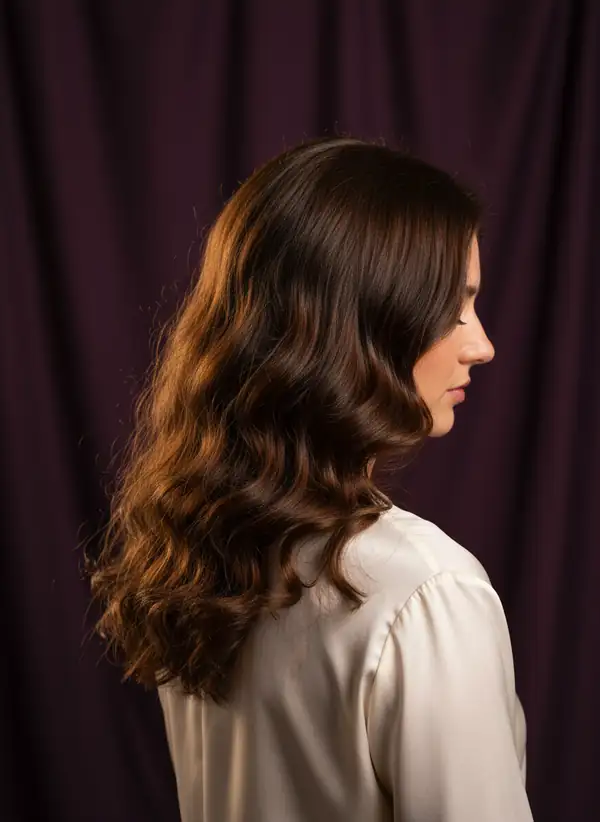 Soft brunette layers, photographed in profile