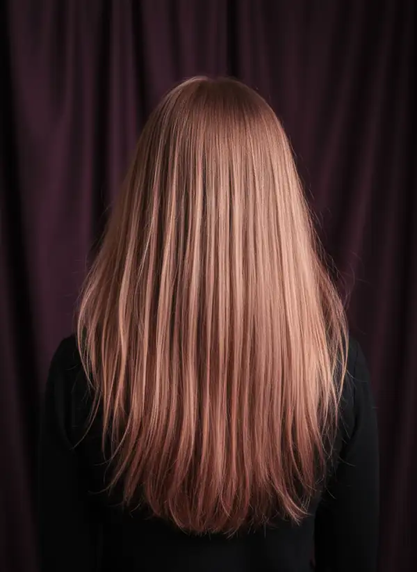 Long straight rose-brown hair, photographed from behind