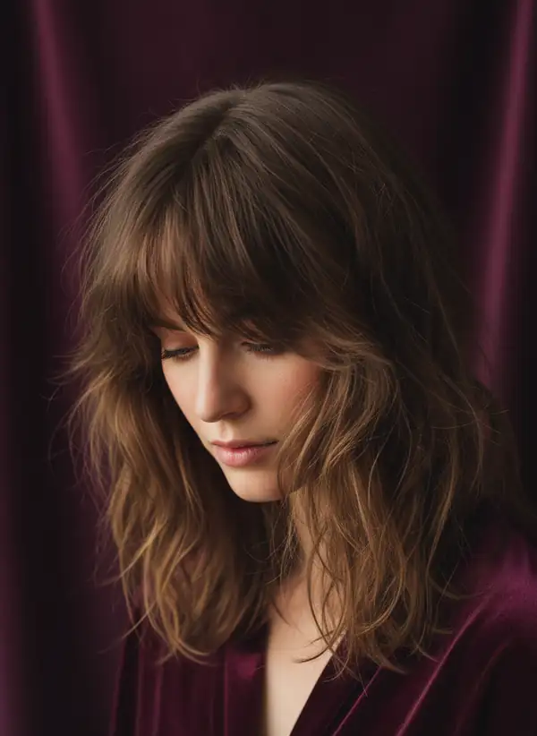 A soft fringe and warm brunette layers