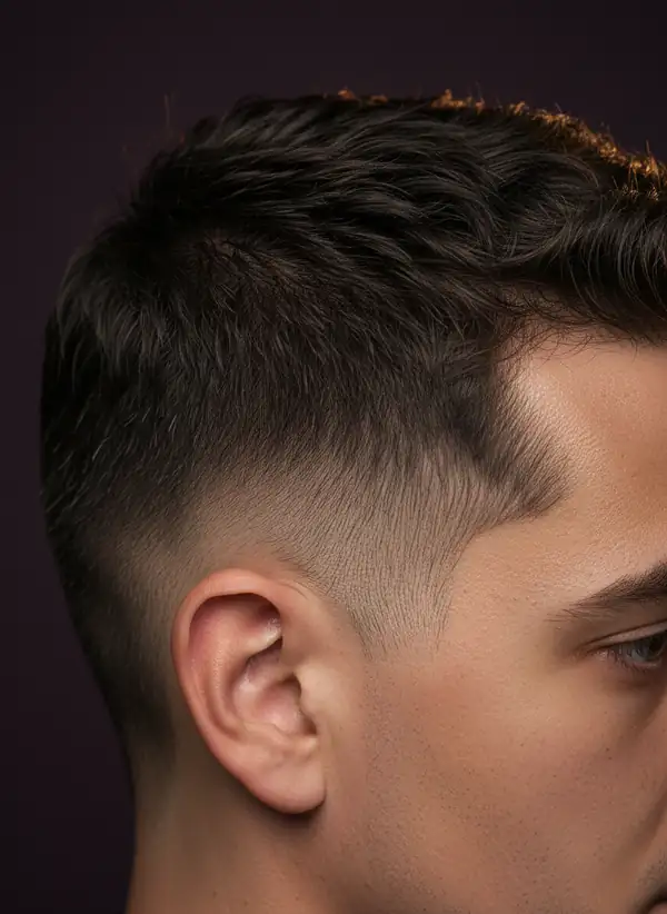 After: a fresh skin fade, short on the sides, length kept on top